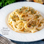 Blue cheese pasta with fettuccini and a crispy golden sage crumb featuring a title overlay.