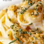 Close up blue cheese pasta with fettuccini and a crispy golden sage crumb featuring a title overlay.