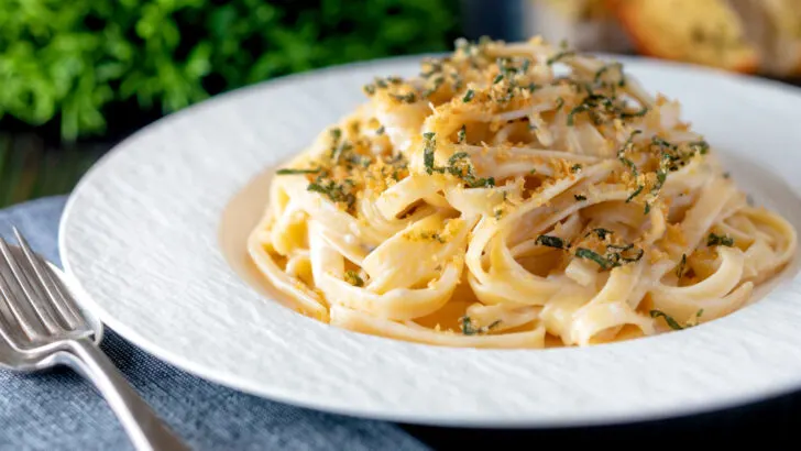 Creamy blue cheese pasta with stilton topped with a golden garlic and sage crumb.