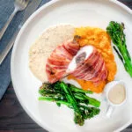 Overhead chicken Balmoral with whisky cream sauce, carrot and swede mash & broccoli.