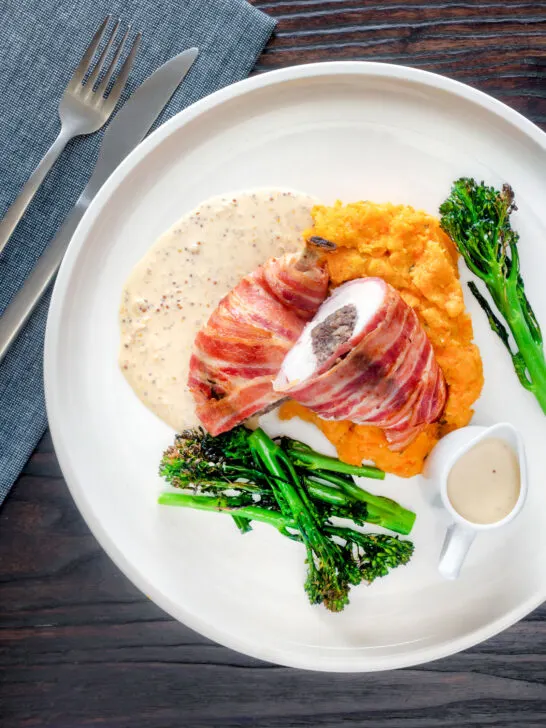 Overhead chicken Balmoral with whisky cream sauce, carrot and swede mash & broccoli.