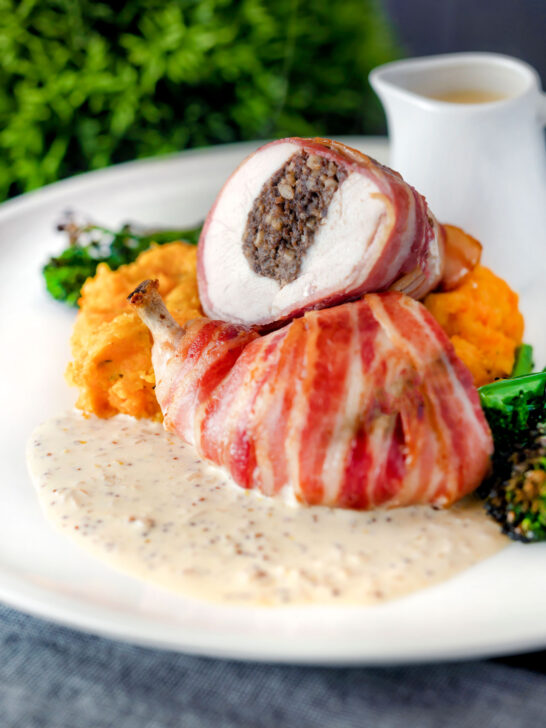 Chicken Balmoral with whisky cream sauce, carrot & swede mash and broccoli.