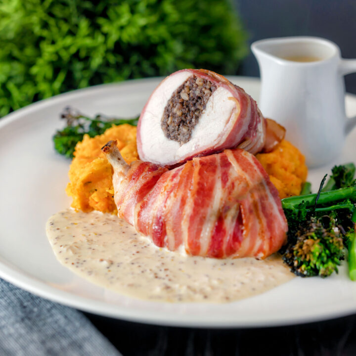 Scottish chicken Balmoral with whisky cream sauce, carrot & swede mash and broccoli.