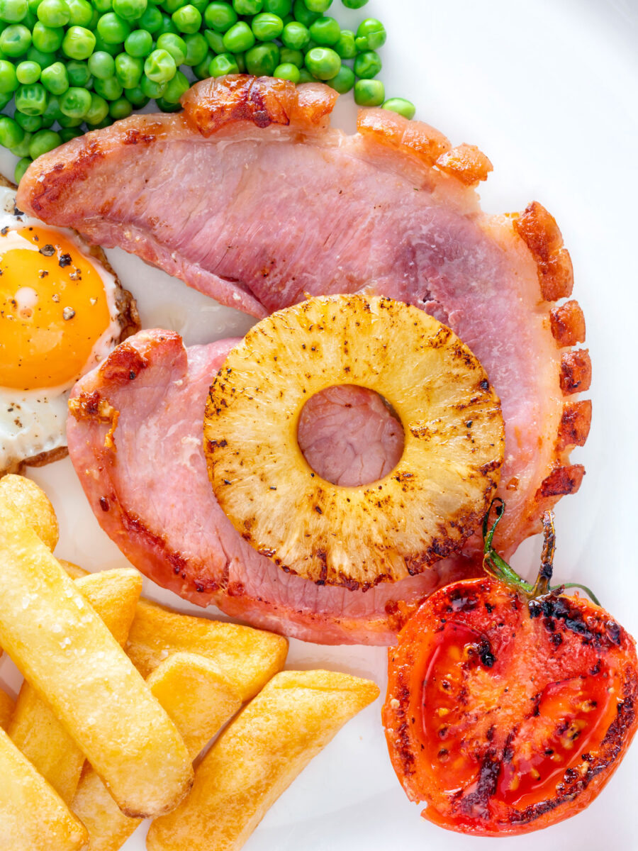 Gammon Egg and Chips with Pineapple and Tomato Krumpli