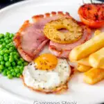 Gammon steak, pineapple, egg, chips with tomato and peas featuring a title overlay.