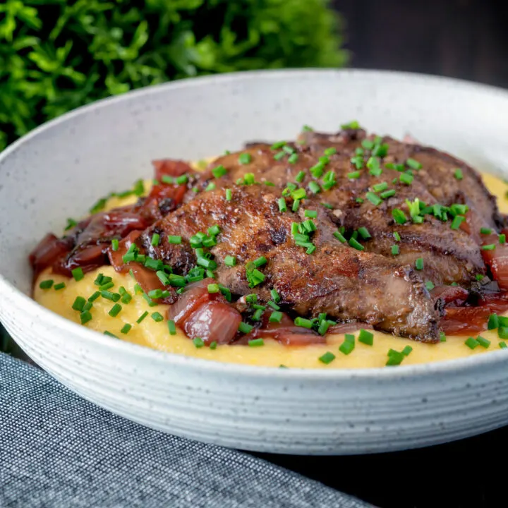 Pan fried lambs liver and sticky port onions on cheesy polenta with chives.