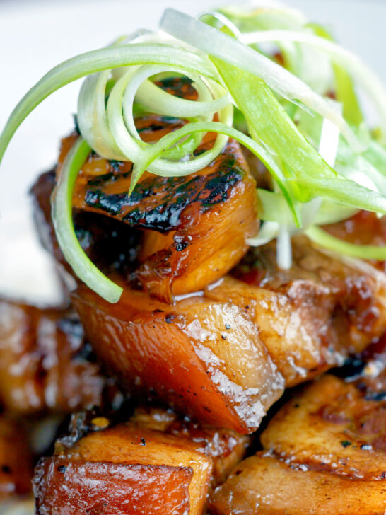 Close up sticky pork belly with pineapple and soy sauce served with rice.