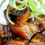 Close up sticky pork belly with pineapple and soy sauce served with rice featuring a title overlay.