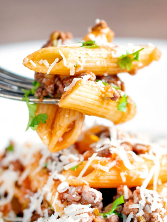 Close up wild boar ragu or cinghiale al ragu with penne pasta on a fork.