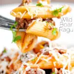 Close up wild boar ragu or cinghiale al ragu with penne pasta on a fork featuring a title overlay.