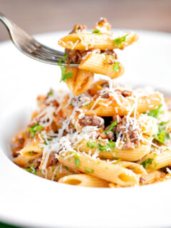 Wild boar ragu or cinghiale al ragu with penne pasta on a fork.