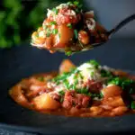 Spoon of corned beef stew with baked beans and potatoes featuring a title overlay.