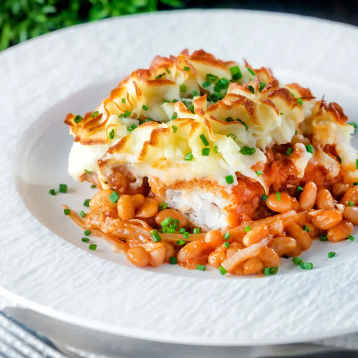 Fish finger and baked bean pie topped with cheesy mash and snipped chives.