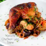 Kimchi chicken leg stew with potatoes and carrots featuring a title overlay.