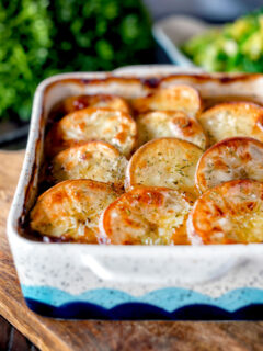 Traditional scalloped potato topped Lancashire hotpot.