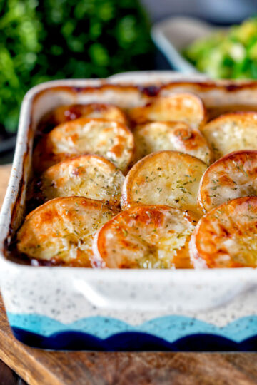 Traditional scalloped potato topped Lancashire hotpot.