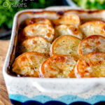 Traditional scalloped potato topped Lancashire hotpot featuring a title overlay.