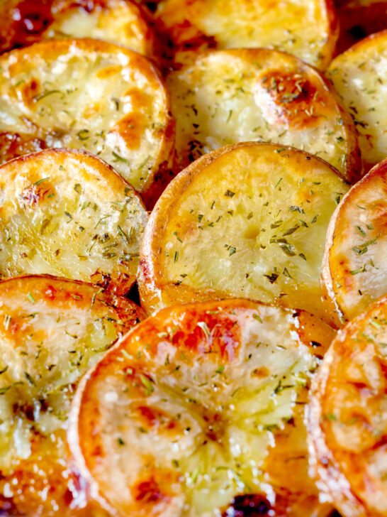 Close-up scalloped potato topping on a traditional British Lamb hotpot.