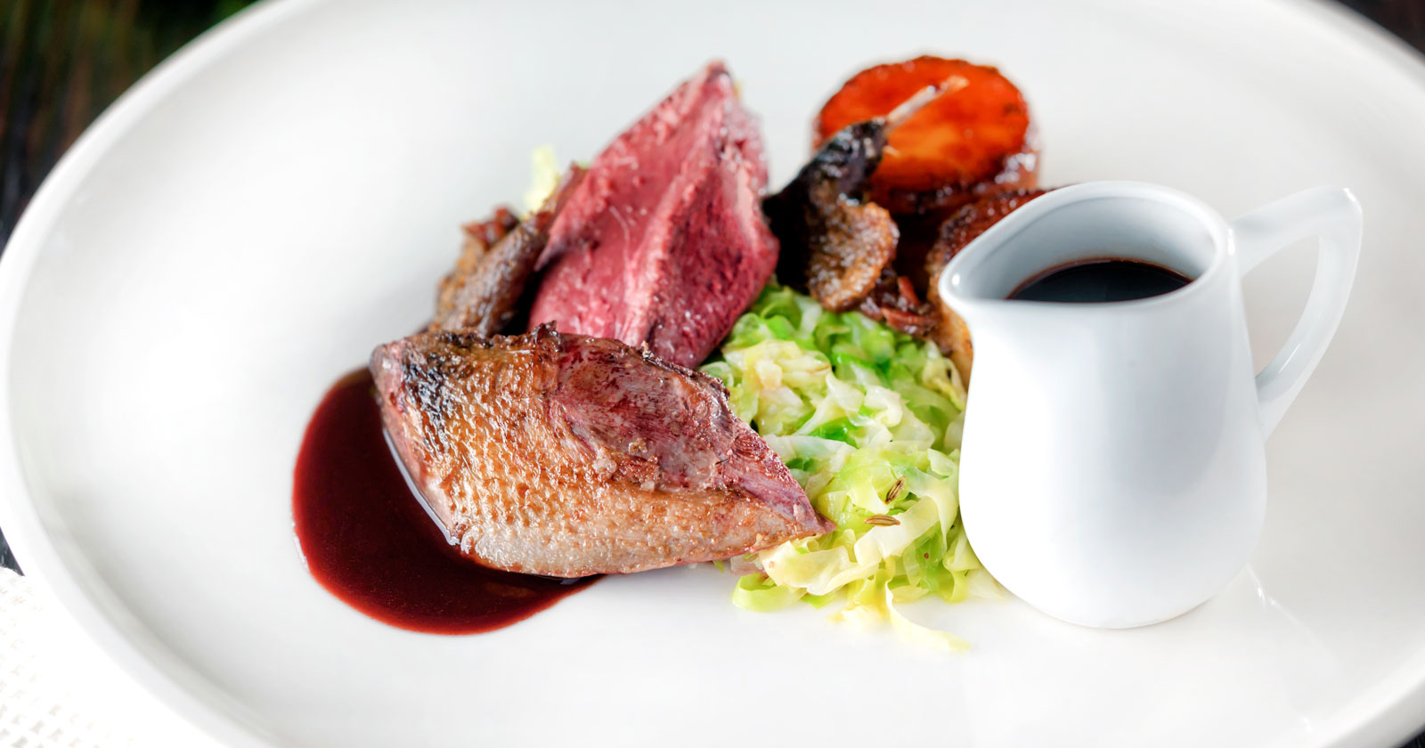 Roast Pigeon with Confit Legs and Red Wine Sauce