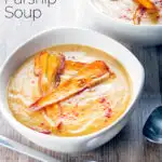 Silky Smooth roasted curried parsnip soup with paprika and fried carrot crisps featuring a title overlay.