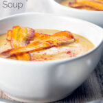 Roasted curried parsnip soup with paprika and crispy fried carrot strips featuring a title overlay.