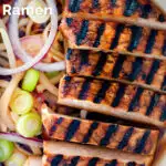 Overhead close-up spicy pork ramen soup featuring a title overlay.