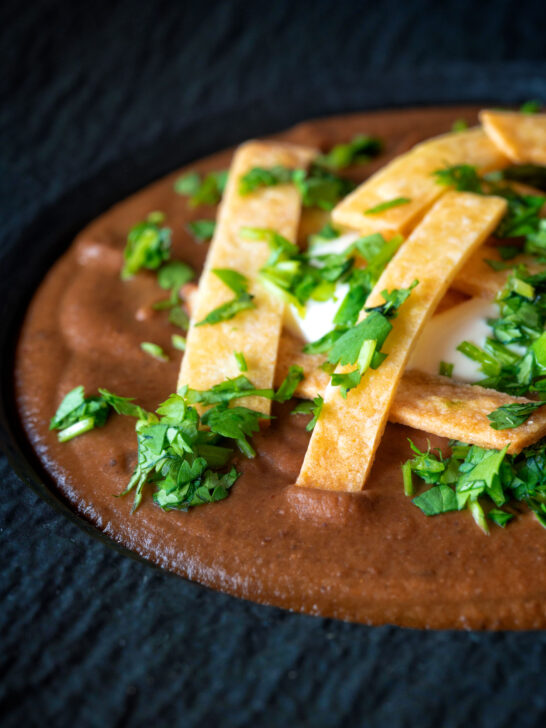 Close-up spicy vegan black bean soup with Mexican influences.