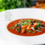 Slow cooker bean and tomato soup with balsamic vinegar featuring a title overlay.