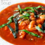 Close-up slow cooker bean and tomato soup with balsamic vinegar featuring a title overlay.
