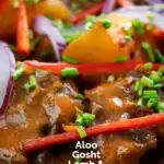 Close-up Pakistani aloo gosht meat and potato curry featuring a title overlay.