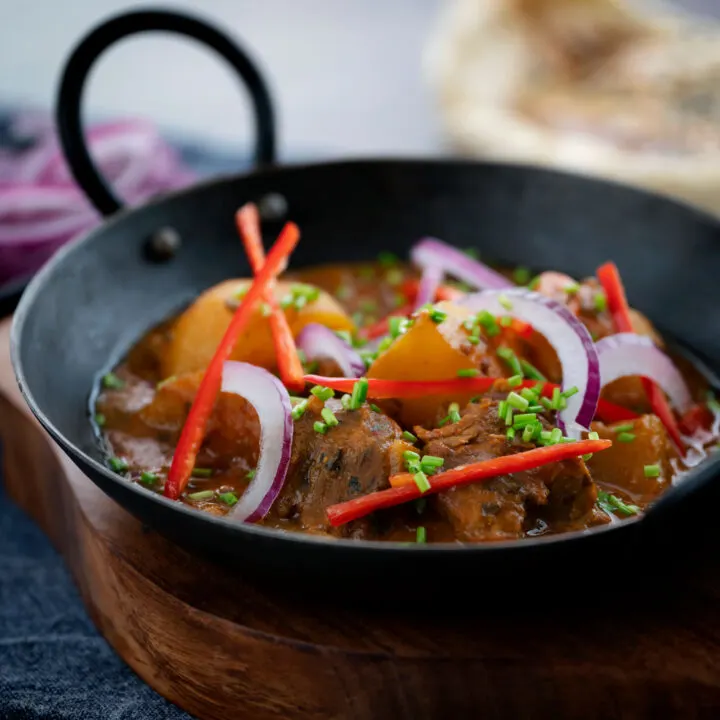 Pakistani aloo gosht or meat and potato curry.