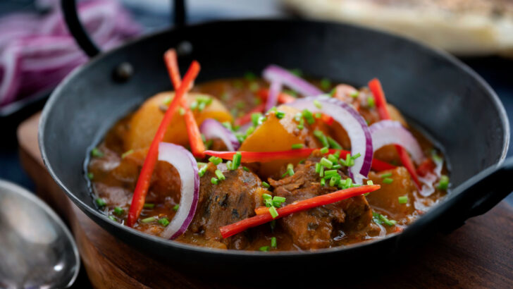 Pakistani aloo gosht or meat (mutton) and potato curry.