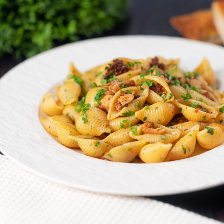 Chicken and chorizo pasta with conchiglie and fresh pasta.