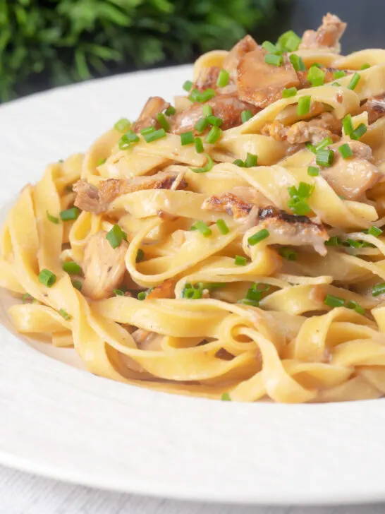Close-up chicken and mushroom pasta with fresh chives.
