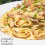 Close-up chicken and mushroom pasta with fresh chives featuring a title overlay.