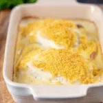 Cod mornay with a breadcrumb topping in a baking dish.