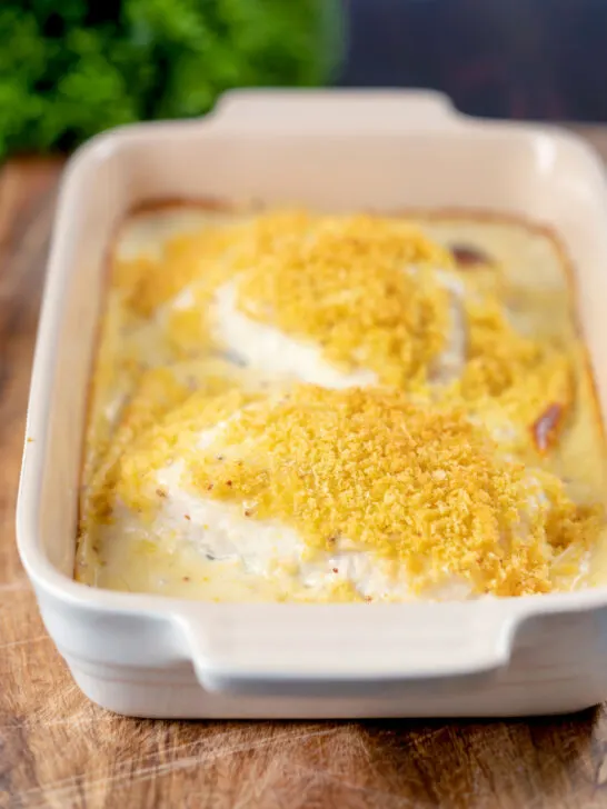 Cod mornay with a breadcrumb topping in a baking dish.
