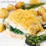 Cod mornay with a cheesy sauce and breadcrumb topping served with potatoes and broccoli featuring a title overlay.