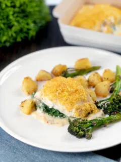 Baked Cod mornay with a breadcrumb topping served with potatoes and broccoli.