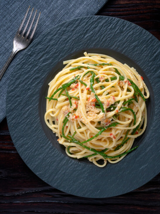 Overhead crab linguine pasta with chilli and samphire.