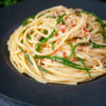 Crab linguine pasta with chilli and samphire.