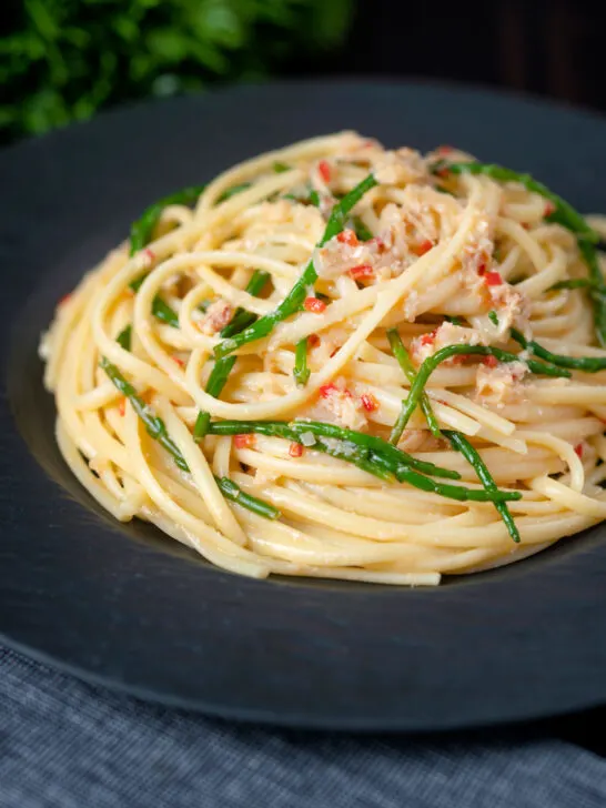 Crab linguine pasta with chilli and samphire.