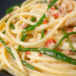 Close-up crab linguine pasta with chilli and samphire.