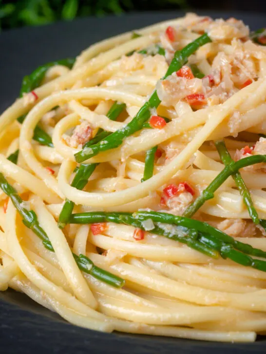 Close-up crab linguine pasta with chilli and samphire.