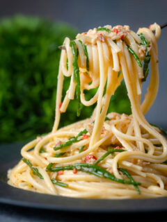 Crab linguine with chilli, lemon and samphire being picked up with a fork.