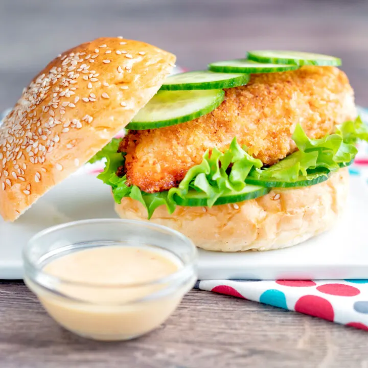 Crispy chicken breast burger with sweet chilli mayo, cucumber and frisee lettuce.