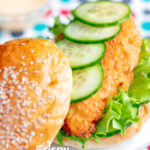 Close-up Crispy chicken breast fillet burger, cucumber and frisee lettuce featuring a title overlay.