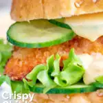 Close-up crispy chicken breast fillet sandwich with sweet chilli mayo featuring a title overlay.