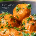 Close-up dum aloo tinned potato curry with a tomato gravy featuring a title overlay.