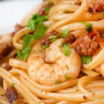 Close up prawn and chorizo pasta with linguine.